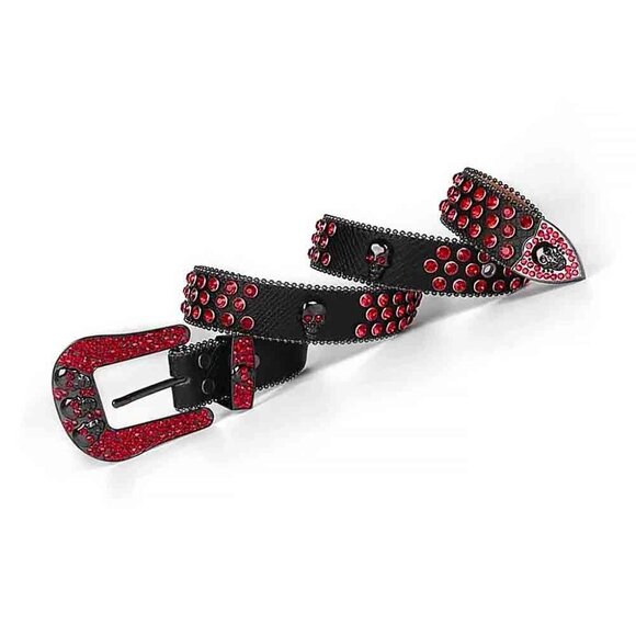 Black Strap With Red Studded Rhinestone Belt with Black Skulls Red Buckle - Picture 2 of 2